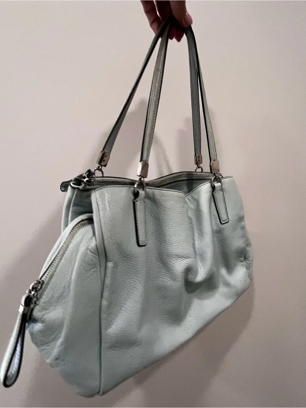 Coach Pebbled Leather Light Blue Triple Compartment Tote Shoulder Bag